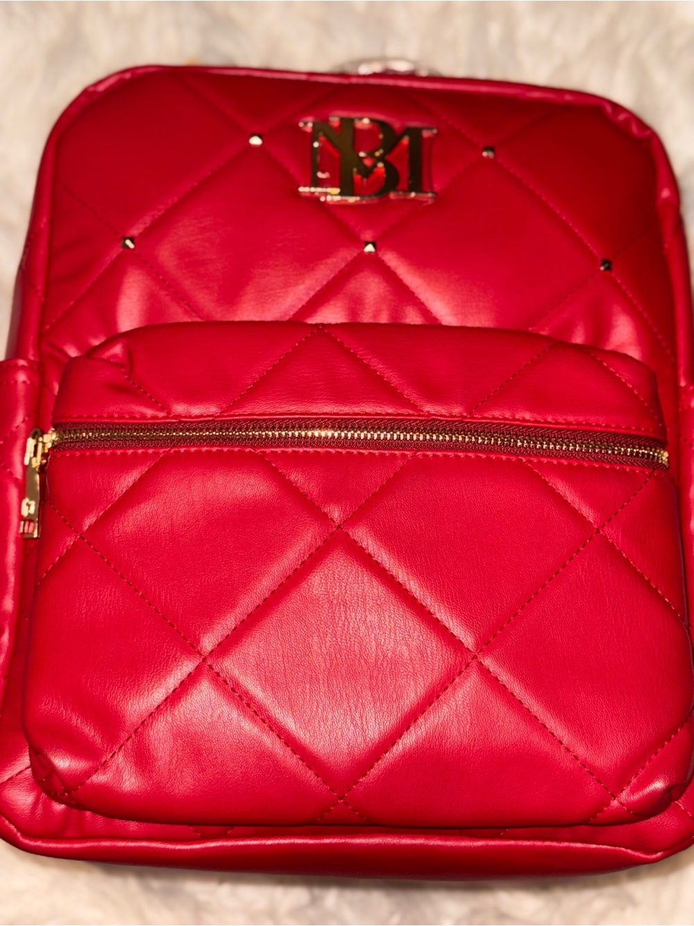 Badgley Mischka Red Quilted Backpack Gold Logo New With Tags
